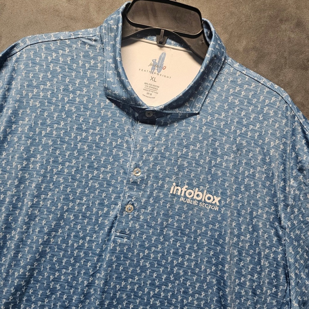 Johnnie-O Mojave Featherweight Polo XL Barrels Blue Cactus Print Infoblox Logo